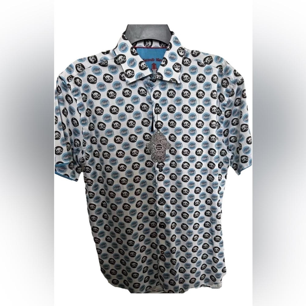 New Visconti Black Shirt M Skull All Over Print Shark‎ Novelty Turquoise Black